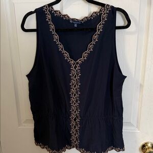 Democracy Navy Sleeveless Top with Beige Embroidery